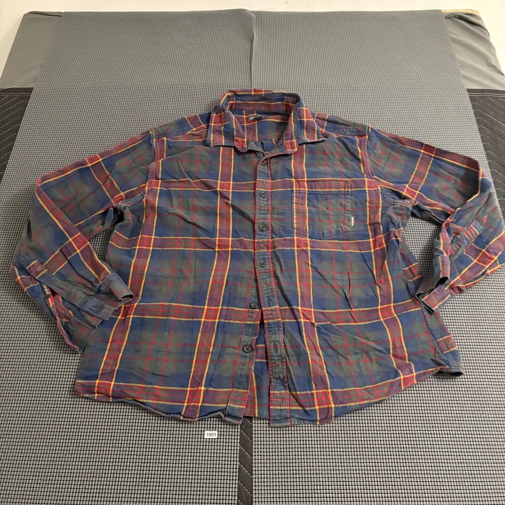 Eddie Bauer Mens Blue Red Yellow Plaid Long Sleeve Flannel Button‎ Down Shirt